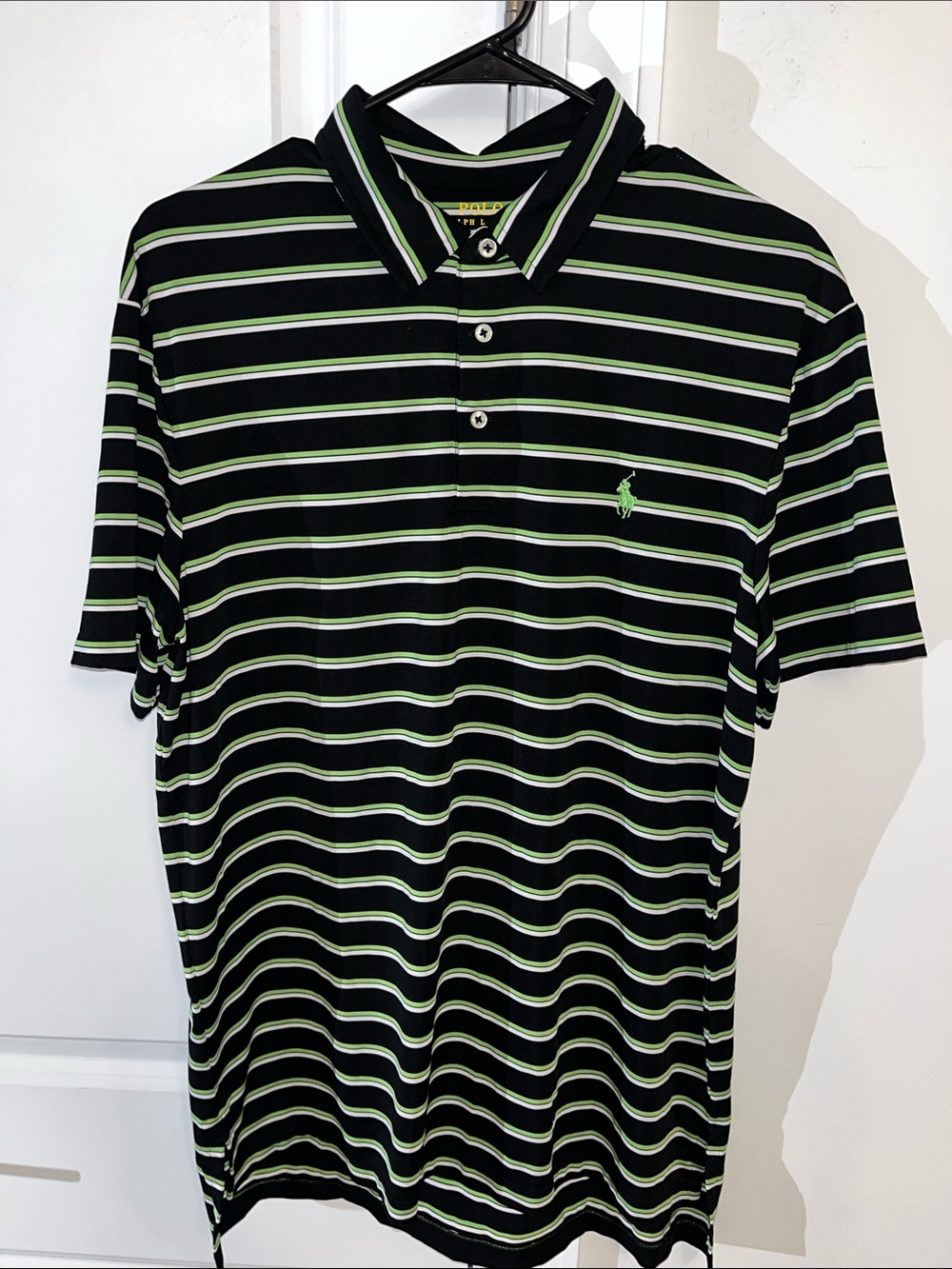 Polo by Ralph Lauren Black-White Lime Green Pony performance Golf shirt L
